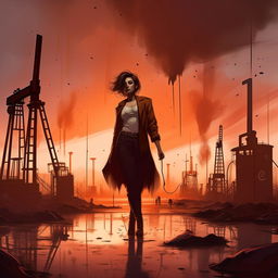 Illustrate a sassy, confident figure strutting with an air of pride, characterized by oil wells pumping in the backdrop of their living room, while causing gloom in onlookers. Render in an artful fashion.