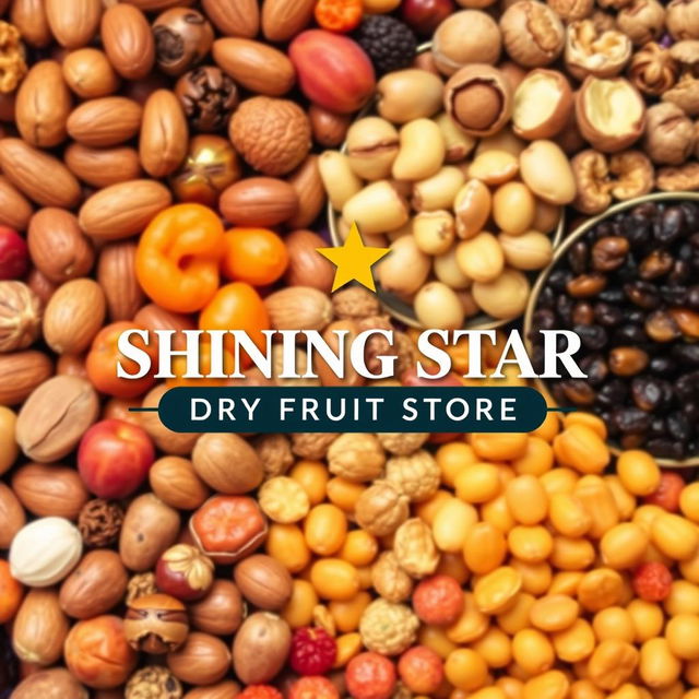 A vibrant and visually appealing poster background showcasing an array of Kashmiri dry fruits, including almonds, walnuts, apricots, and raisins, beautifully arranged to highlight their textures and colors