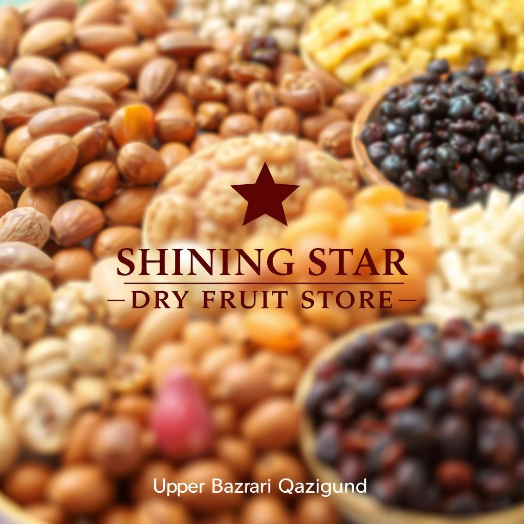 A vibrant and visually appealing poster background showcasing an array of Kashmiri dry fruits, including almonds, walnuts, apricots, and raisins, beautifully arranged to highlight their textures and colors