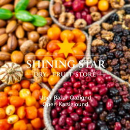 A vibrant and visually appealing poster background showcasing an array of Kashmiri dry fruits, including almonds, walnuts, apricots, and raisins, beautifully arranged to highlight their textures and colors