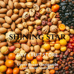 A vibrant and visually appealing poster background showcasing an array of Kashmiri dry fruits, including almonds, walnuts, apricots, and raisins, beautifully arranged to highlight their textures and colors