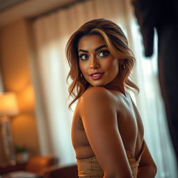 A stunningly beautiful and curvy woman with captivating features, radiating confidence and allure