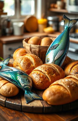 A whimsical and colorful still life featuring two vibrant fish and five golden loaves of bread, arranged artfully on a rustic wooden table