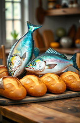 A whimsical and colorful still life featuring two vibrant fish and five golden loaves of bread, arranged artfully on a rustic wooden table
