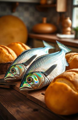 A whimsical and colorful still life featuring two vibrant fish and five golden loaves of bread, arranged artfully on a rustic wooden table