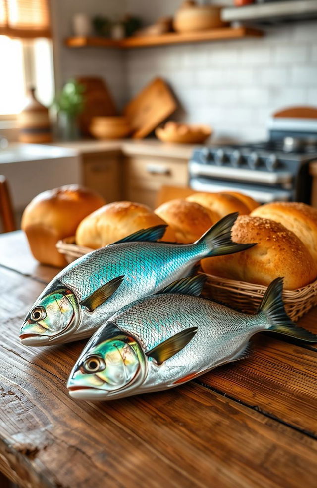 A whimsical and colorful still life featuring two vibrant fish and five golden loaves of bread, arranged artfully on a rustic wooden table