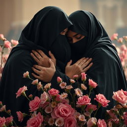 An evocative scene capturing the intimate embrace between Hazrat Zahra and two wounded figures, conveying a sense of comfort and care