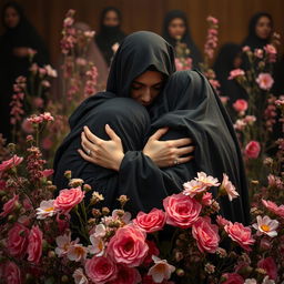 An evocative scene capturing the intimate embrace between Hazrat Zahra and two wounded figures, conveying a sense of comfort and care