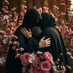 An evocative scene capturing the intimate embrace between Hazrat Zahra and two wounded figures, conveying a sense of comfort and care