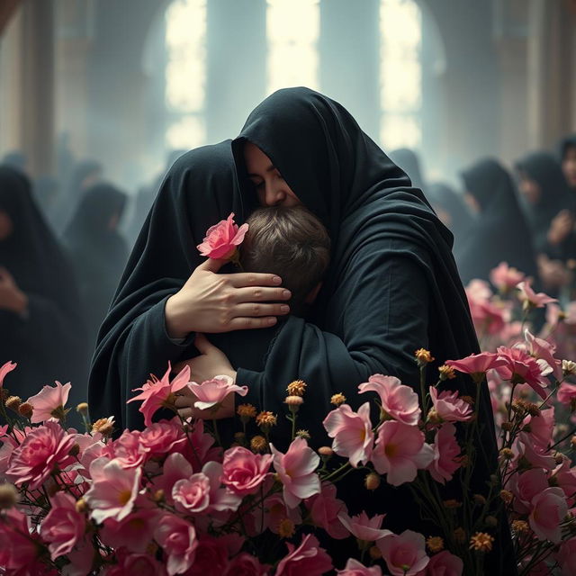 An evocative scene capturing the intimate embrace between Hazrat Zahra and two wounded figures, conveying a sense of comfort and care