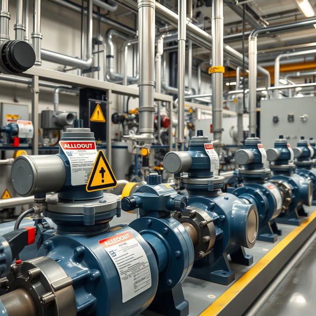 An industrial scene showcasing chemical pumps specifically designed for chemical materials in a company setting, with detailed signage indicating the implementation of a LOTO (Lockout/Tagout) system on each pump