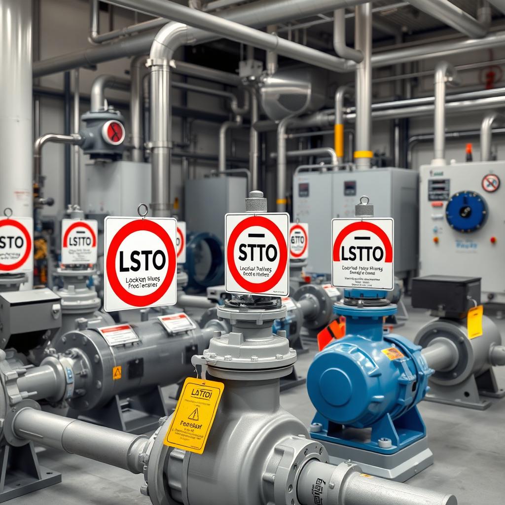 An industrial scene showcasing chemical pumps specifically designed for chemical materials in a company setting, with detailed signage indicating the implementation of a LOTO (Lockout/Tagout) system on each pump