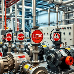 An industrial scene showcasing chemical pumps specifically designed for chemical materials in a company setting, with detailed signage indicating the implementation of a LOTO (Lockout/Tagout) system on each pump
