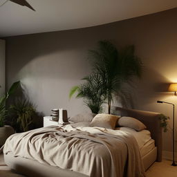 A cozy, well-lit bedroom featuring modern furniture, plush bedding, and a variety of indoor plants.