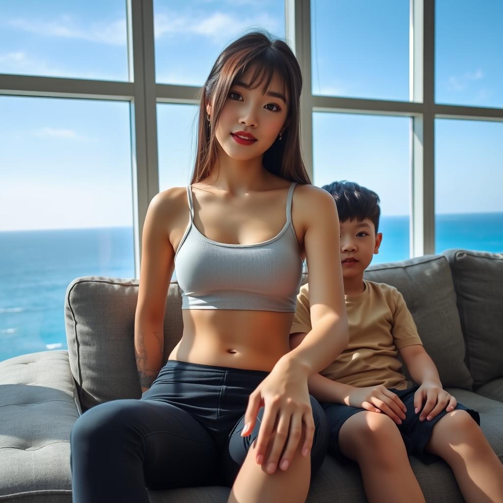 A beautiful Korean girl resembling an idol, aged 18, wearing a tank top and hot pants