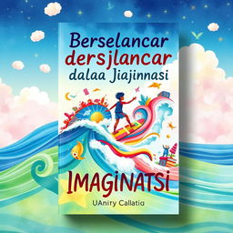 A book cover design for a short story collection titled "Berselancar dalam Dunia Imajinasi" (Surfing in the World of Imagination)