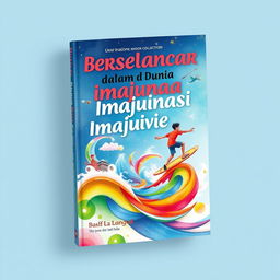 A book cover design for a short story collection titled "Berselancar dalam Dunia Imajinasi" (Surfing in the World of Imagination)
