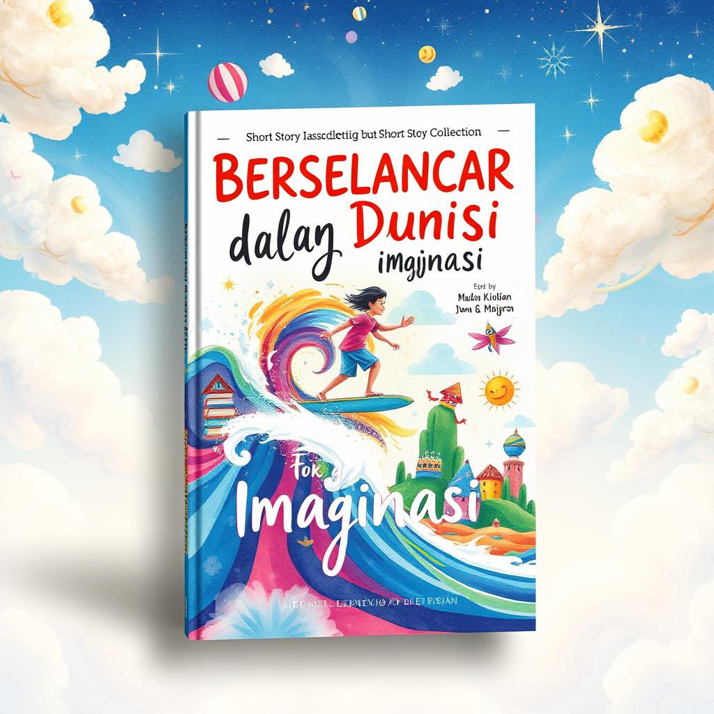A book cover design for a short story collection titled "Berselancar dalam Dunia Imajinasi" (Surfing in the World of Imagination)