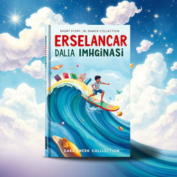 A book cover design for a short story collection titled "Berselancar dalam Dunia Imajinasi" (Surfing in the World of Imagination)