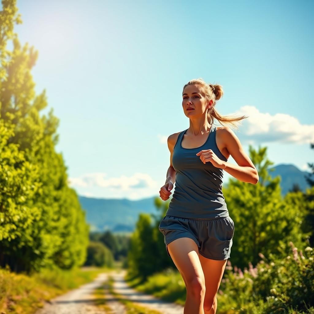 A determined athlete, a woman in her 30s, running vigorously along a scenic trail surrounded by lush green trees under a bright blue sky