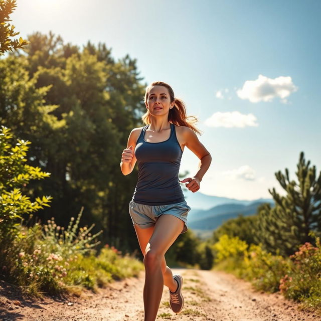 A determined athlete, a woman in her 30s, running vigorously along a scenic trail surrounded by lush green trees under a bright blue sky