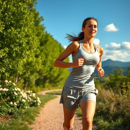 A determined athlete, a woman in her 30s, running vigorously along a scenic trail surrounded by lush green trees under a bright blue sky