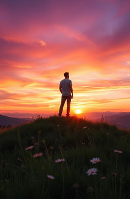 A serene and transformative scene depicting a person, representing change, standing on a hilltop at sunset