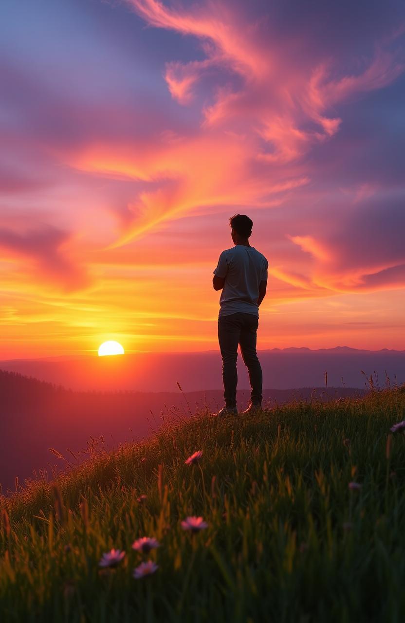 A serene and transformative scene depicting a person, representing change, standing on a hilltop at sunset