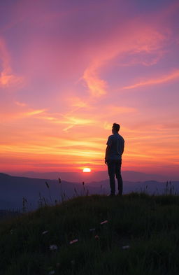 A serene and transformative scene depicting a person, representing change, standing on a hilltop at sunset