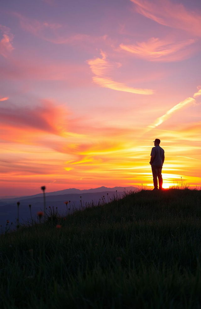 A serene and transformative scene depicting a person, representing change, standing on a hilltop at sunset