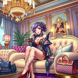 An anime-style illustration depicting a fusion of luxury lifestyle and high fashion