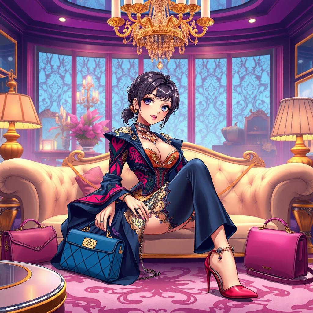 An anime-style illustration depicting a fusion of luxury lifestyle and high fashion