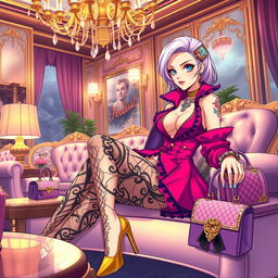 An anime-style illustration depicting a fusion of luxury lifestyle and high fashion