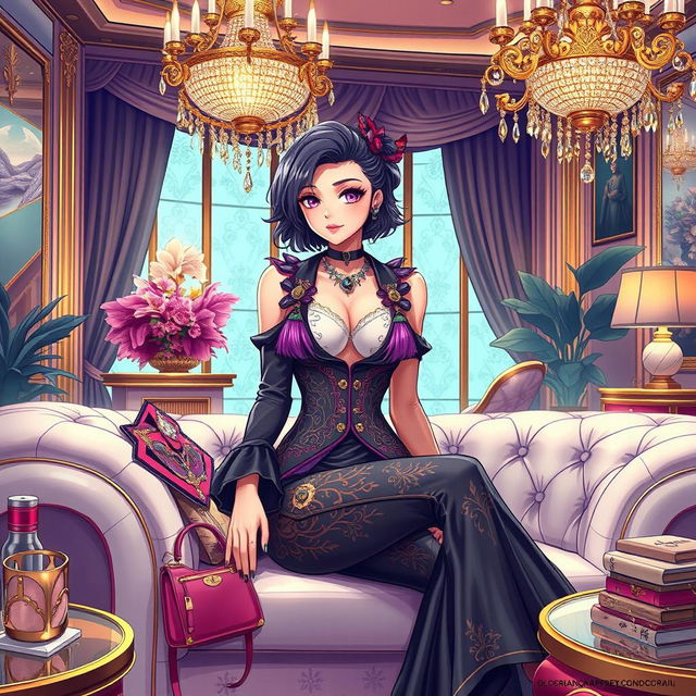 An anime-style illustration depicting a fusion of luxury lifestyle and high fashion