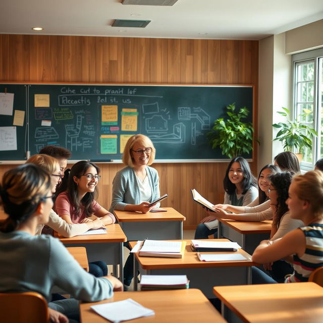 A serene classroom setting filled with soft, warm light