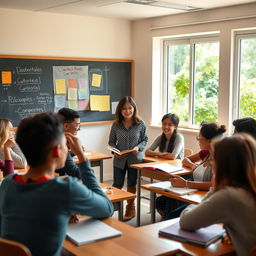A serene classroom setting filled with soft, warm light
