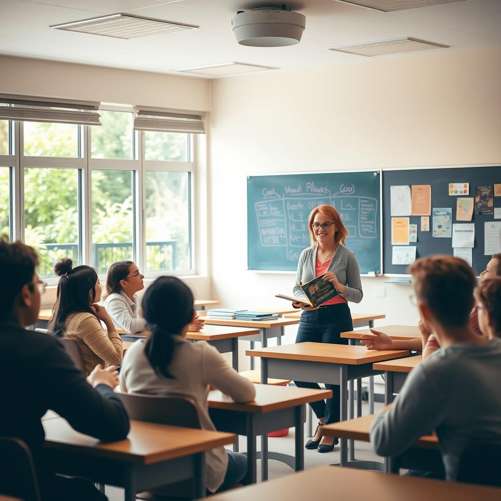 A serene classroom setting filled with soft, warm light