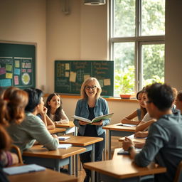 A serene classroom setting filled with soft, warm light