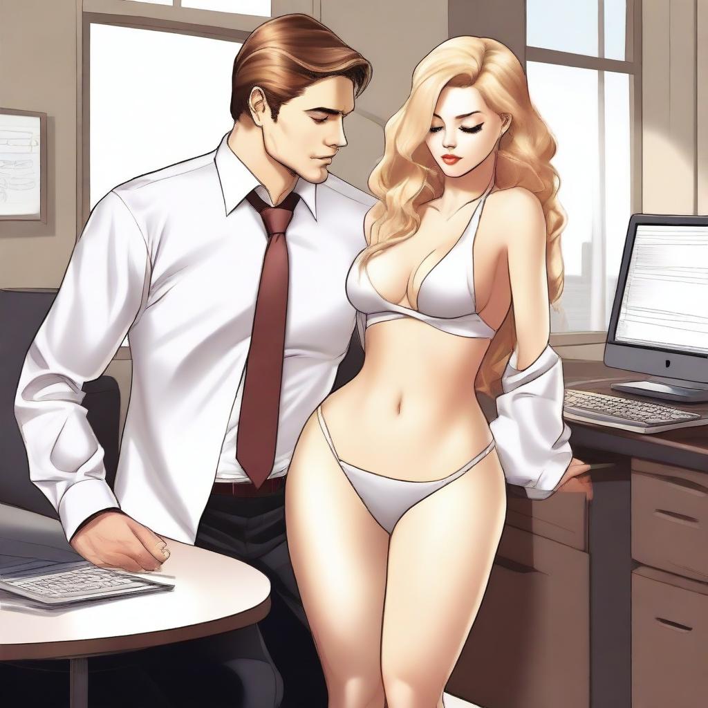 A digital art image of a blonde woman with long golden hair and a curvaceous figure, dressed in a white satin office blouse and a delicate bikini, complemented by high heels