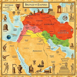 A detailed map illustrating the major Bronze Age empires, including the Hittite Empire, the Mycenaean civilization, ancient Egypt, and the Akkadian Empire