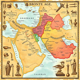 A detailed map illustrating the major Bronze Age empires, including the Hittite Empire, the Mycenaean civilization, ancient Egypt, and the Akkadian Empire