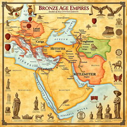 A detailed map illustrating the major Bronze Age empires, including the Hittite Empire, the Mycenaean civilization, ancient Egypt, and the Akkadian Empire