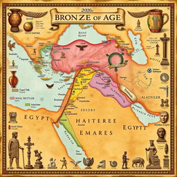 A detailed map illustrating the major Bronze Age empires, including the Hittite Empire, the Mycenaean civilization, ancient Egypt, and the Akkadian Empire
