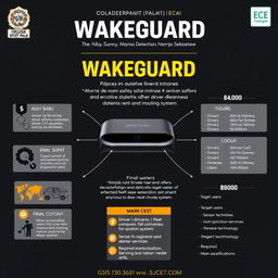 A visually appealing educational poster for a product called 'WAKEGUARD', showcasing a driver drowsiness detection and alert system