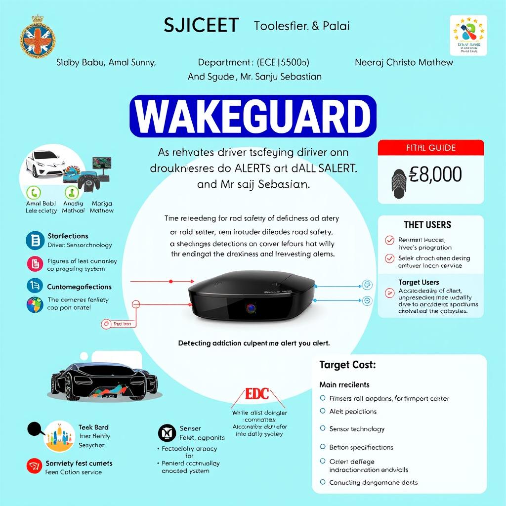 A visually appealing educational poster for a product called 'WAKEGUARD', showcasing a driver drowsiness detection and alert system