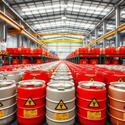 A large, modern chemical company warehouse featuring numerous hazardous material containers