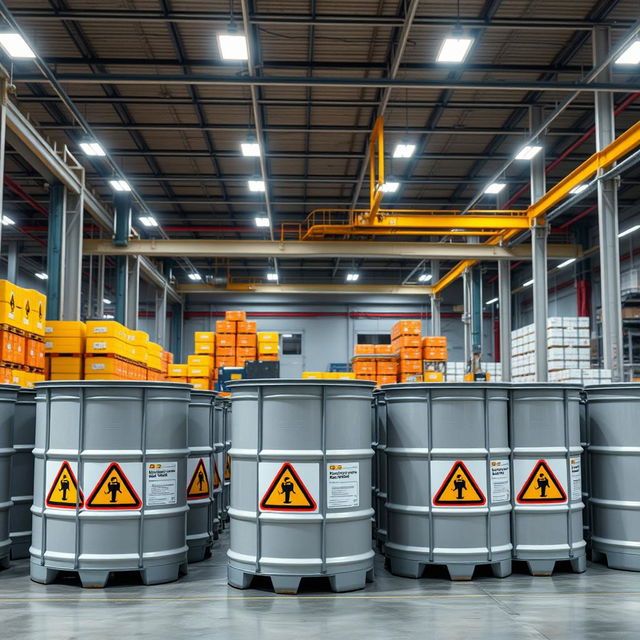 A large, modern chemical company warehouse featuring numerous hazardous material containers