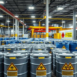 A large, modern chemical company warehouse featuring numerous hazardous material containers
