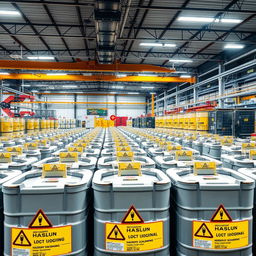 A large, modern chemical company warehouse featuring numerous hazardous material containers