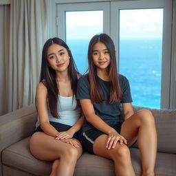 A beautiful woman with a Korean idol-like face, age 18, wearing a tank top and hot pants, long straight hair covering her ears, sitting on a sofa with her 15-year-old younger brother